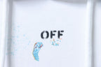 Off White hoodie chest area with black 'OFF' logo and small blue paint detail