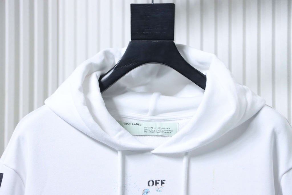 Off White hoodie hood and neckline with inner neck label, off-white fabric