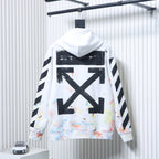 Off White hoodie in off-white with large black back graphic and graphic sleeve stripes