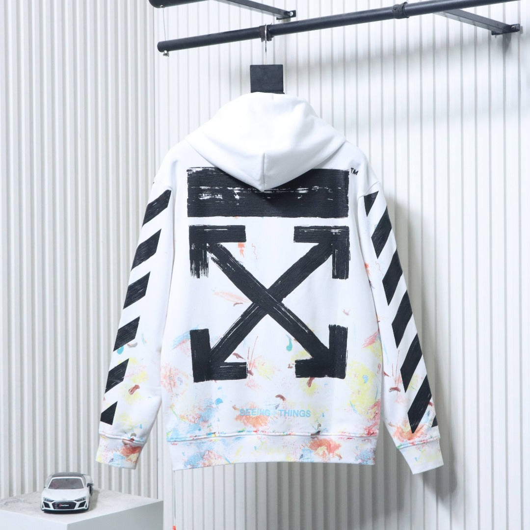 Off White hoodie in off-white with large black back graphic and graphic sleeve stripes