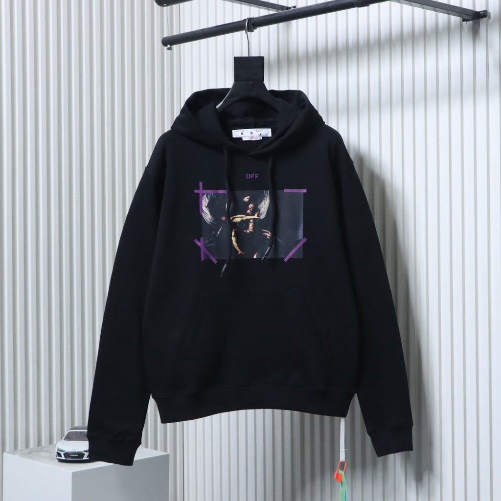 Black hoodie with purple graphic print and small front logo