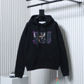 Black hoodie with purple graphic print and small front logo