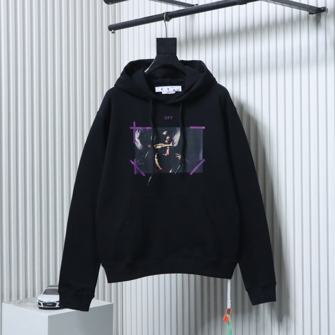 Black hoodie with purple graphic print and small front logo