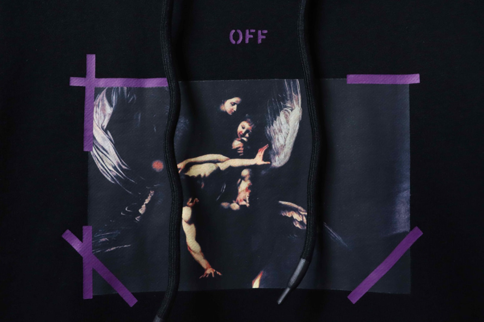 Black hoodie front graphic print with purple logo details