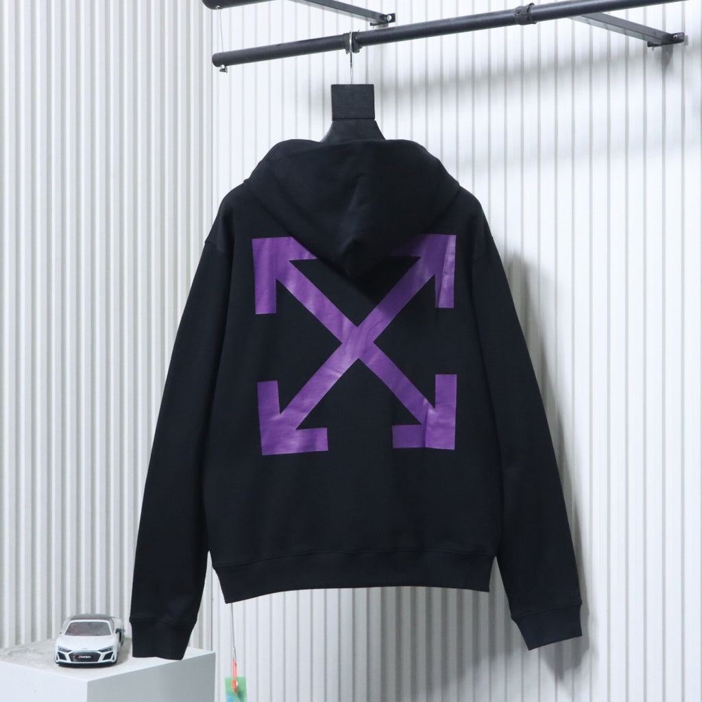 Back of black hoodie with large purple X graphic