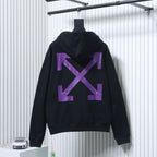 Back of black hoodie with large purple X graphic