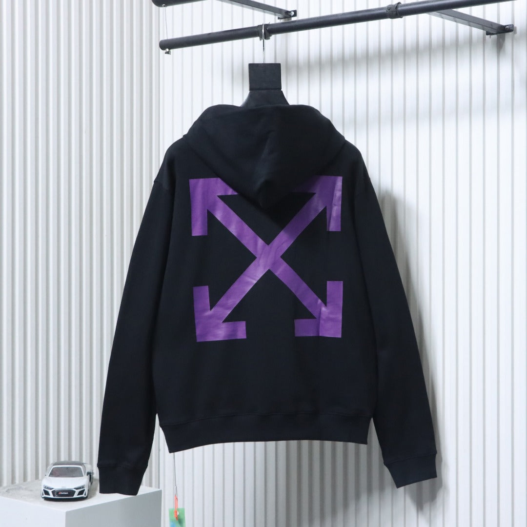 Back of black hoodie with large purple X graphic