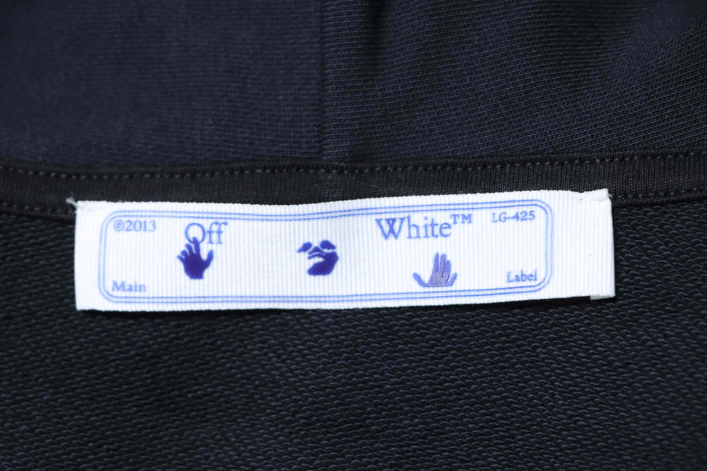 Off White hoodie inner neck label with care icons and size markings
