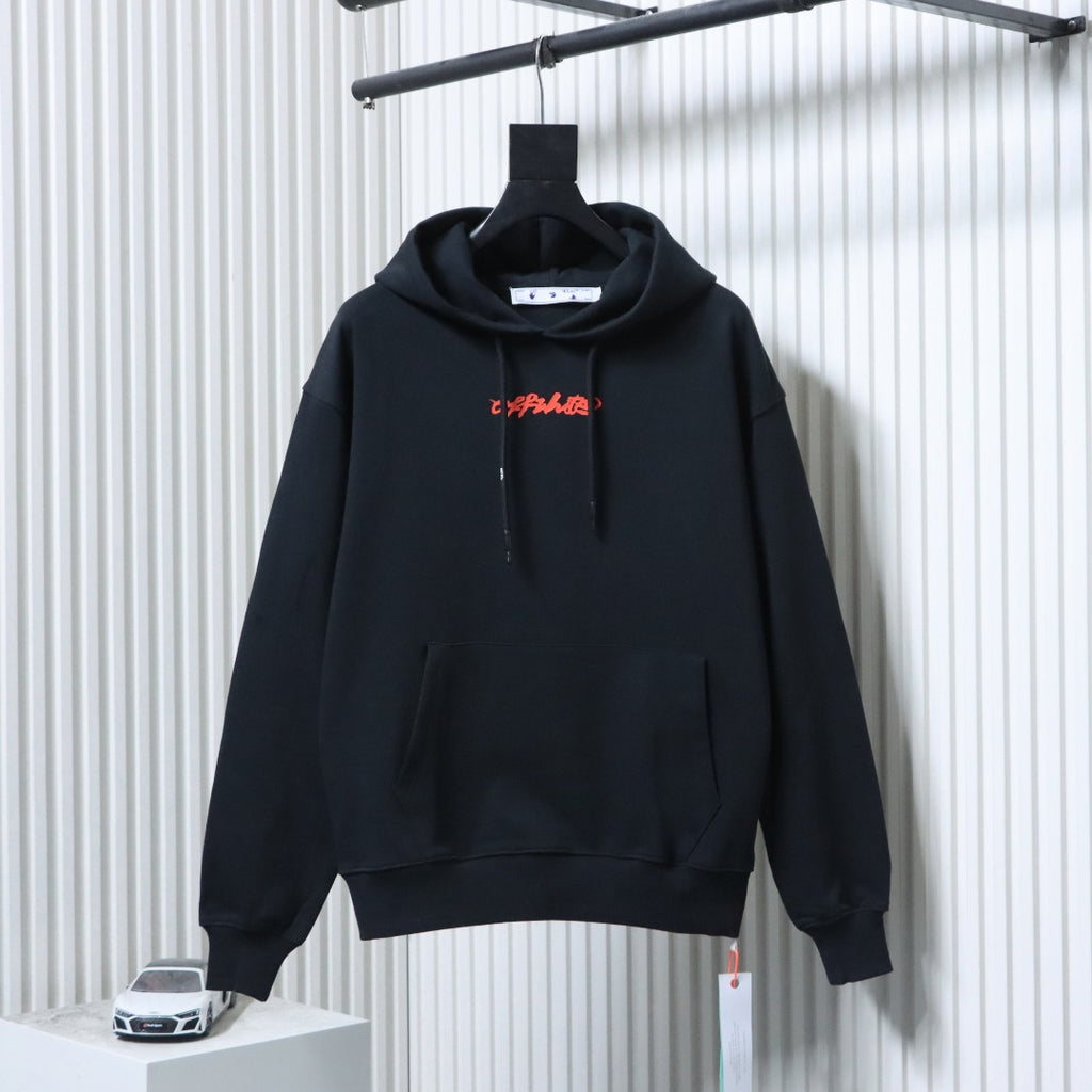Off White hoodie in dark color, front kangaroo pocket and red logo on chest