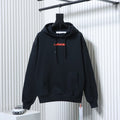 Off White hoodie in dark color, front kangaroo pocket and red logo on chest