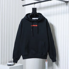 Off White hoodie in dark color, front kangaroo pocket and red logo on chest