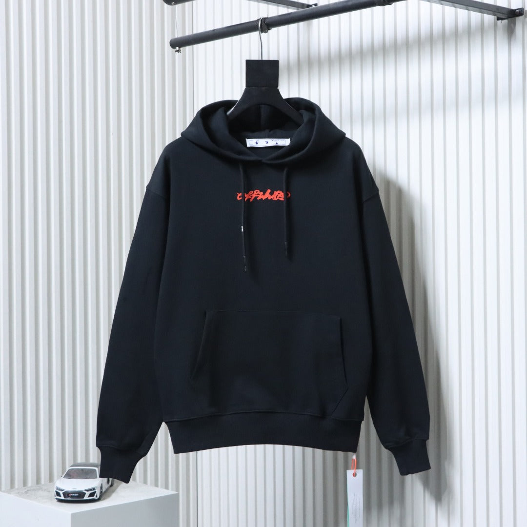 Off White hoodie in dark color, front kangaroo pocket and red logo on chest