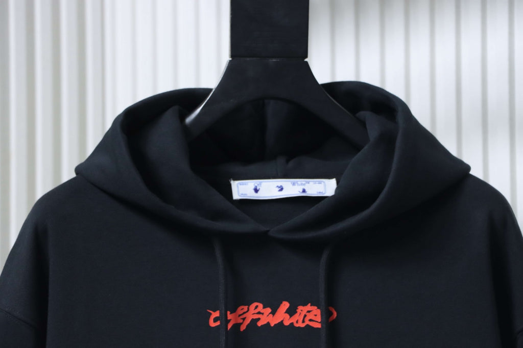 Off White hoodie hood and neckline detail, with red logo on the chest