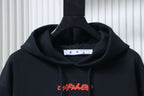 Off White hoodie hood and neckline detail, with red logo on the chest