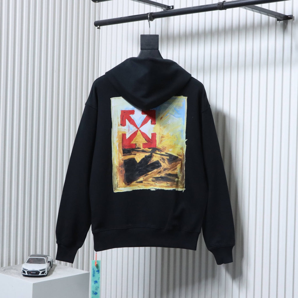 Off White hoodie in dark color, back square graphic under the hood