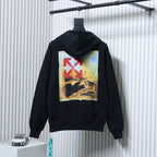 Off White hoodie in dark color, back square graphic under the hood