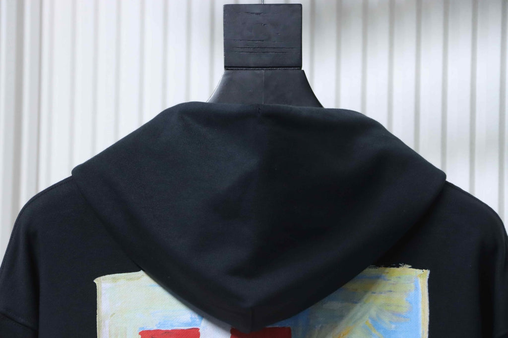 Off White hoodie back view showing hood and colorful graphic print