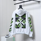 Off-White off-white hoodie with back hood, large green leaf grid graphic.