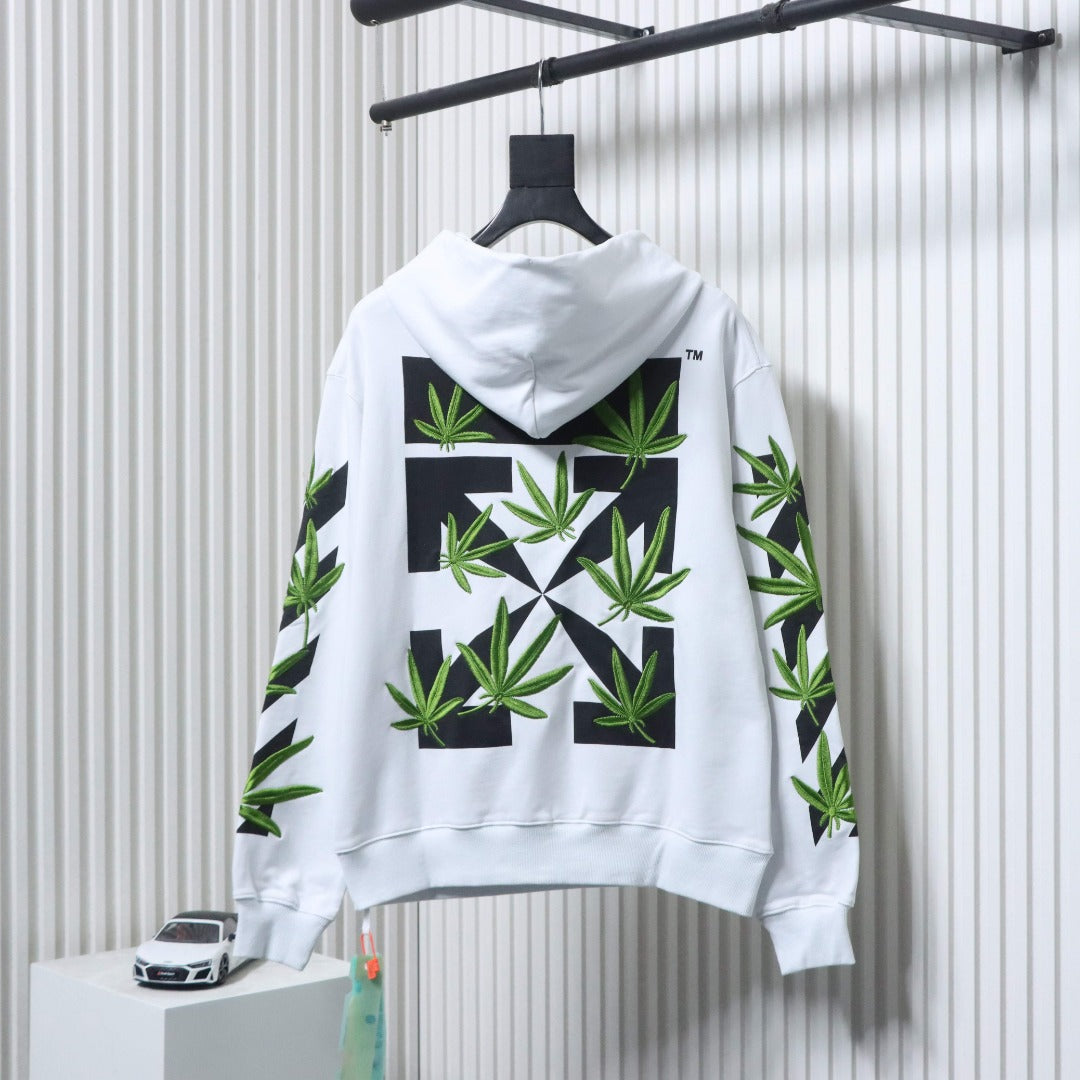 Off-White off-white hoodie with back hood, large green leaf grid graphic.