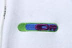 Off-White off-white hoodie small multicolor stripe logo patch near chest.