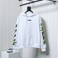 Off-White off-white hoodie with hood and drawstrings, green leaf print on sleeves.