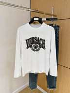 White long-sleeve crewneck T-shirt with Versace graphic logo on chest