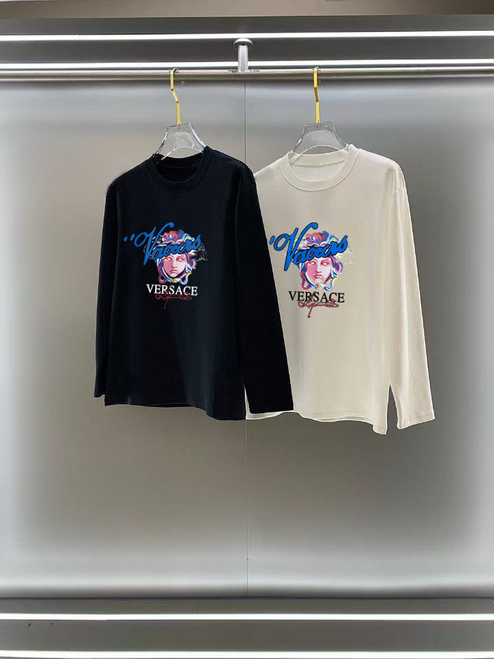 Navy T-shirt with long sleeves and colorful VERSACE face graphic on the chest