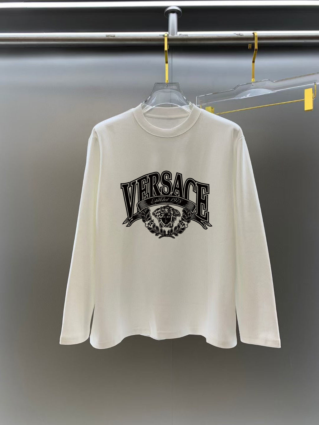 Versace long-sleeve T-shirt in off-white/cream with front crest logo print