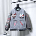 Off White grey varsity jacket with button front and embroidered patches