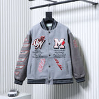 Off White grey varsity jacket with button front and embroidered patches
