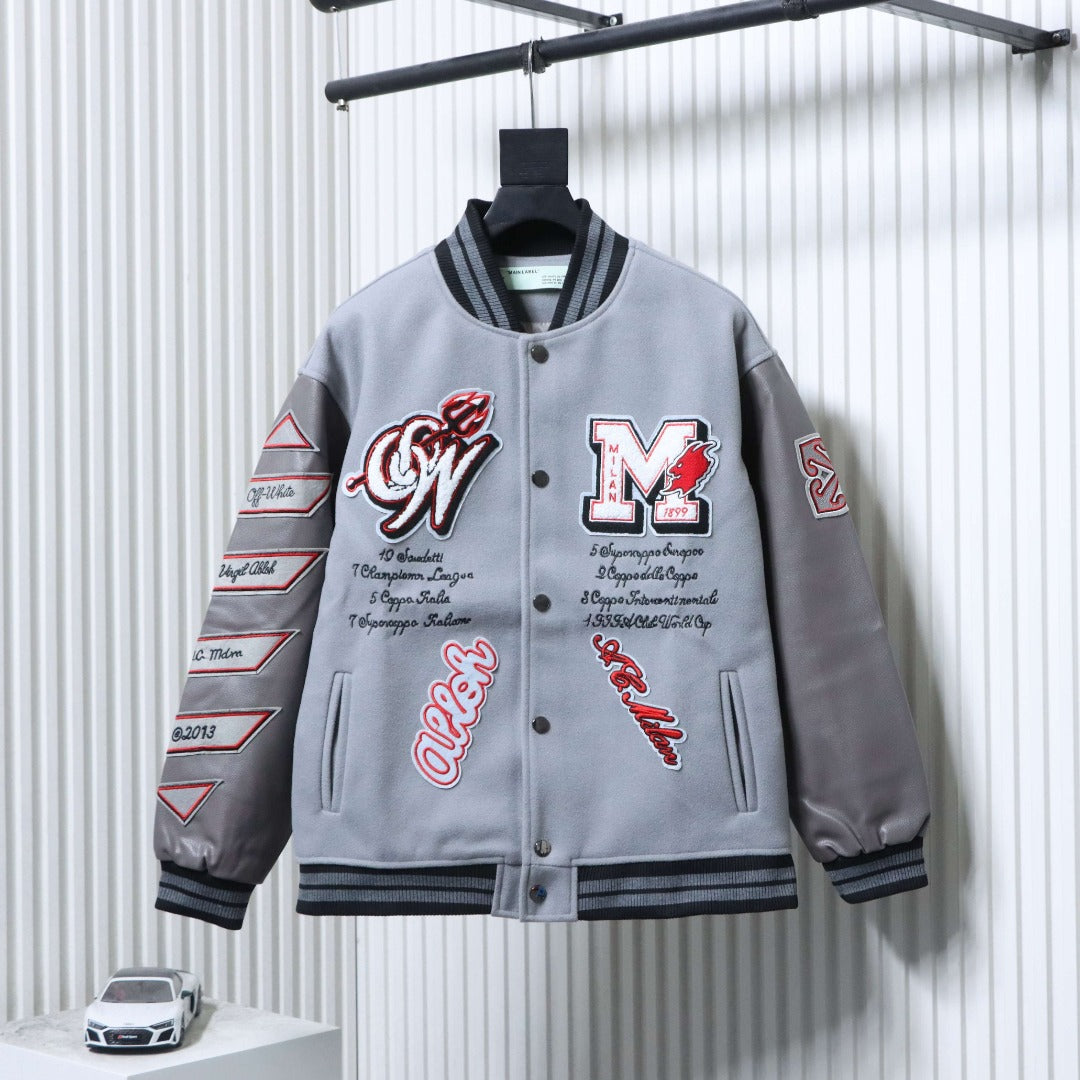 Off White grey varsity jacket with button front and embroidered patches