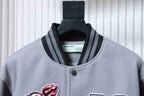Off White grey jacket collar with black ribbed trim and snap button