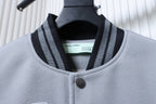 Off White grey jacket neckline with black and gray striped rib trim