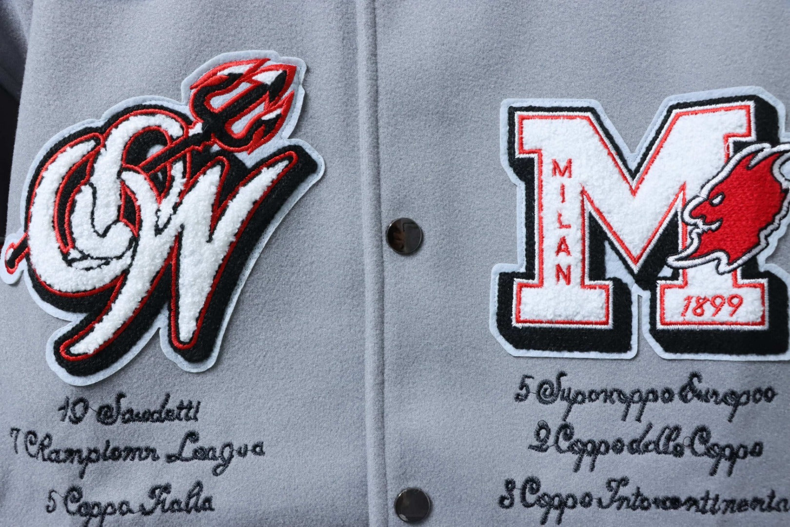 Off White grey jacket front with embroidered logo patches and text