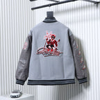 Off White grey varsity jacket with back graphic and striped rib cuffs
