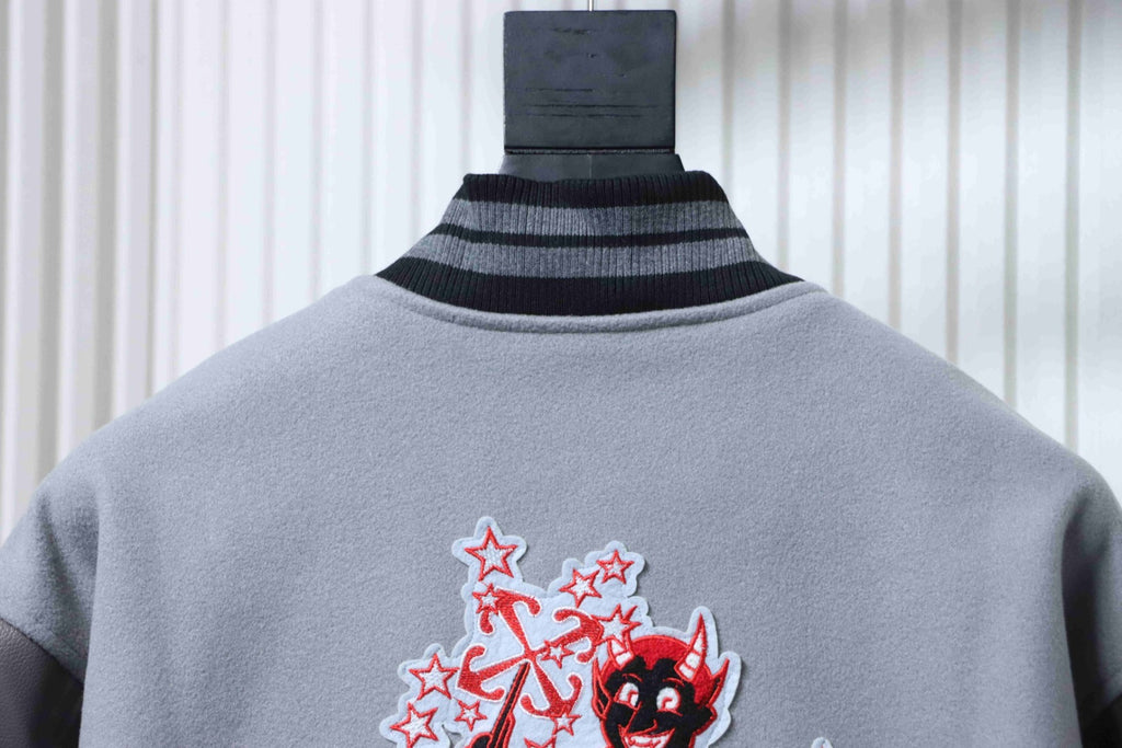 Off White grey jacket with black ribbed collar and embroidered back graphic