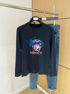 Navy long-sleeve T-shirt with crew neck and colorful graphic logo print