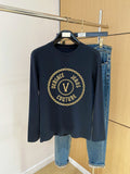 Versace navy long-sleeve shirt with gold circular logo print at chest