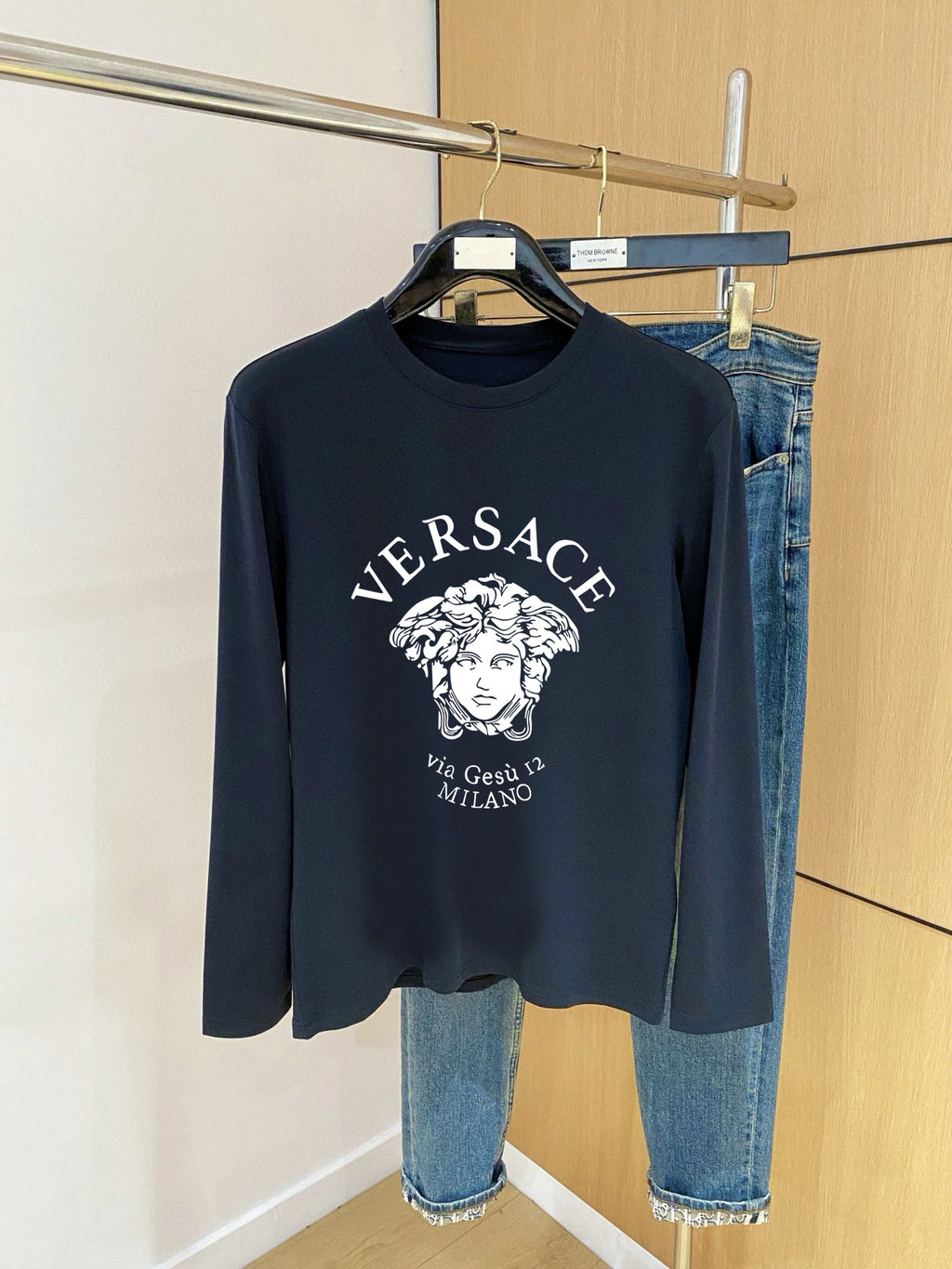 Versace long-sleeve crewneck T-shirt, dark navy, front graphic logo