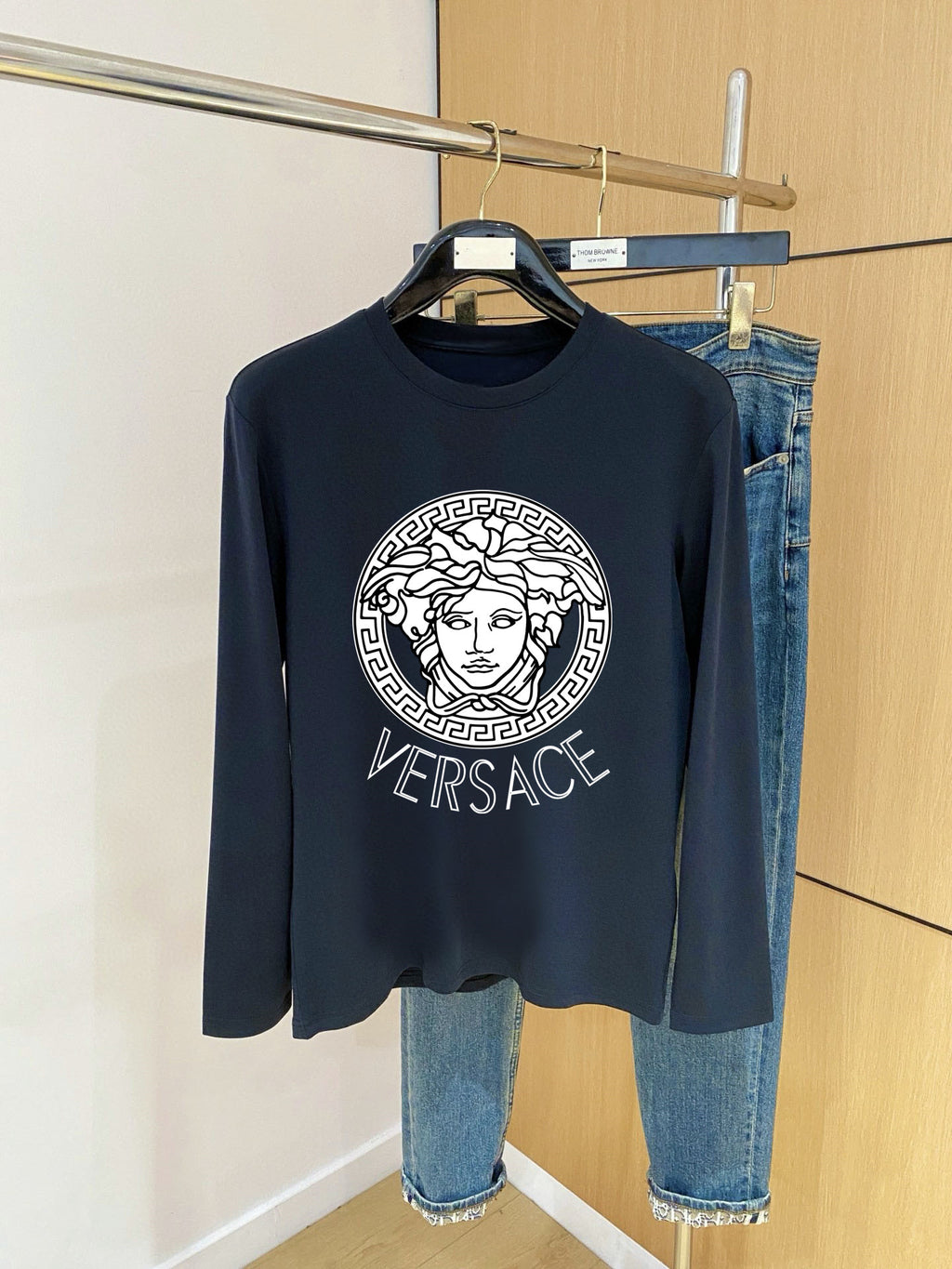 Versace long-sleeve T-shirt, navy, crew neck, Medusa logo graphic on front
