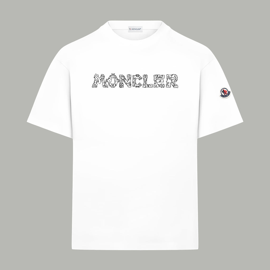 White Moncler T-shirt with front logo print and round crew neckline