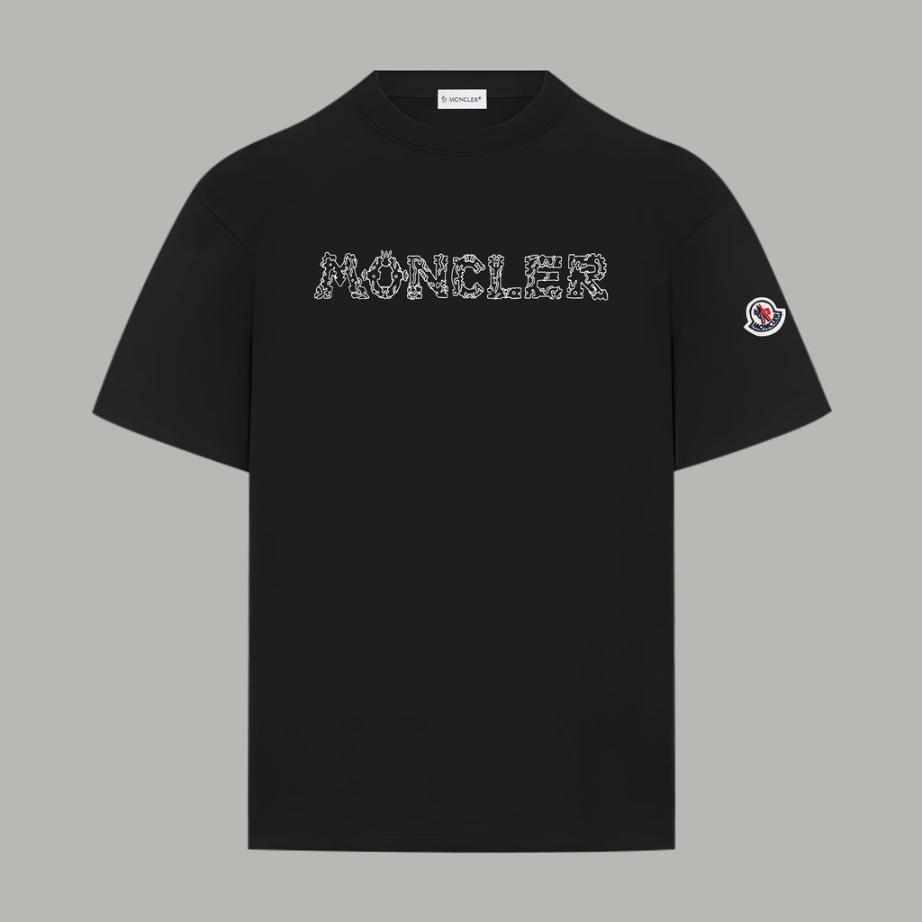 Black Moncler short-sleeve T-shirt with front logo print and round neckline
