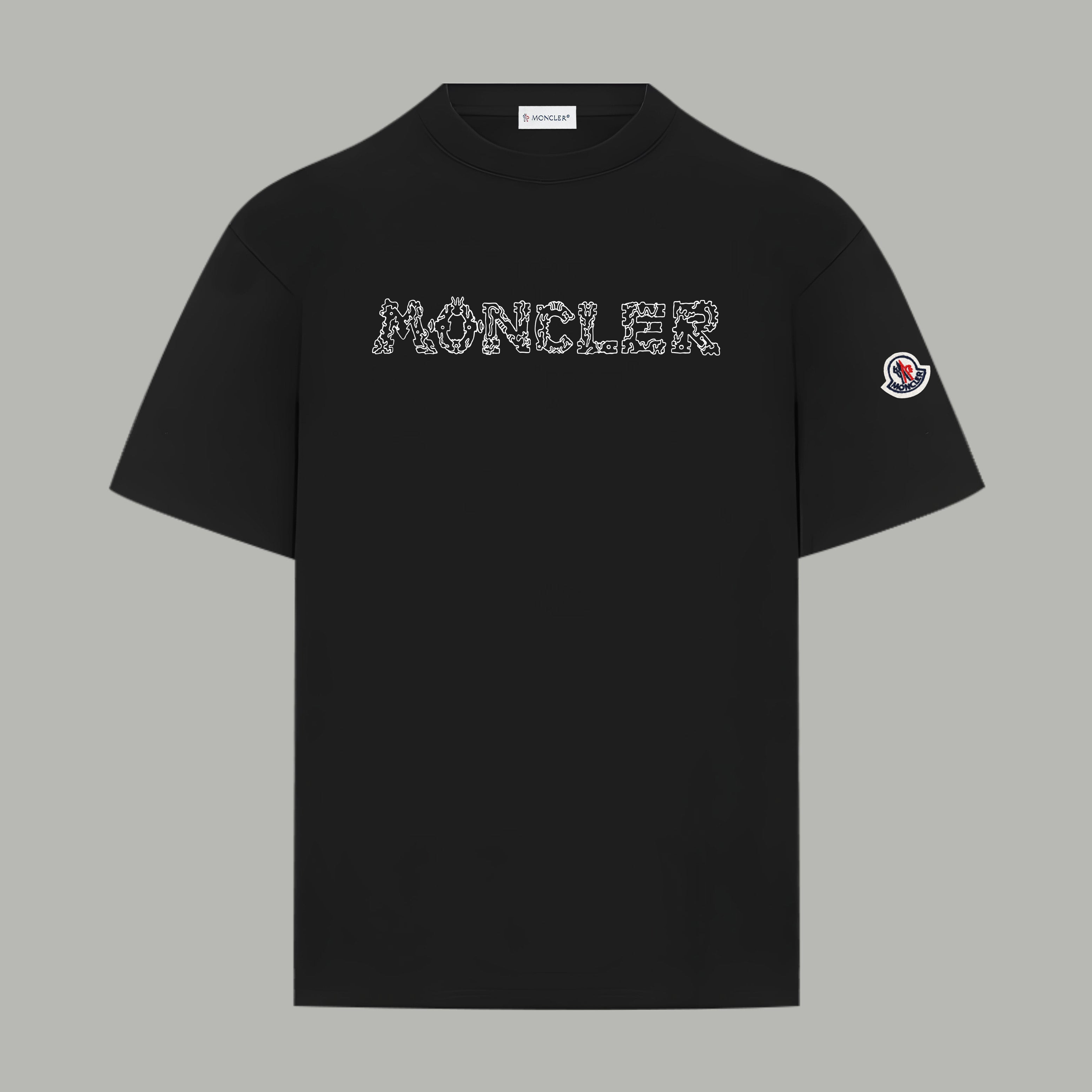 Black Moncler short-sleeve T-shirt with front logo print and round neckline