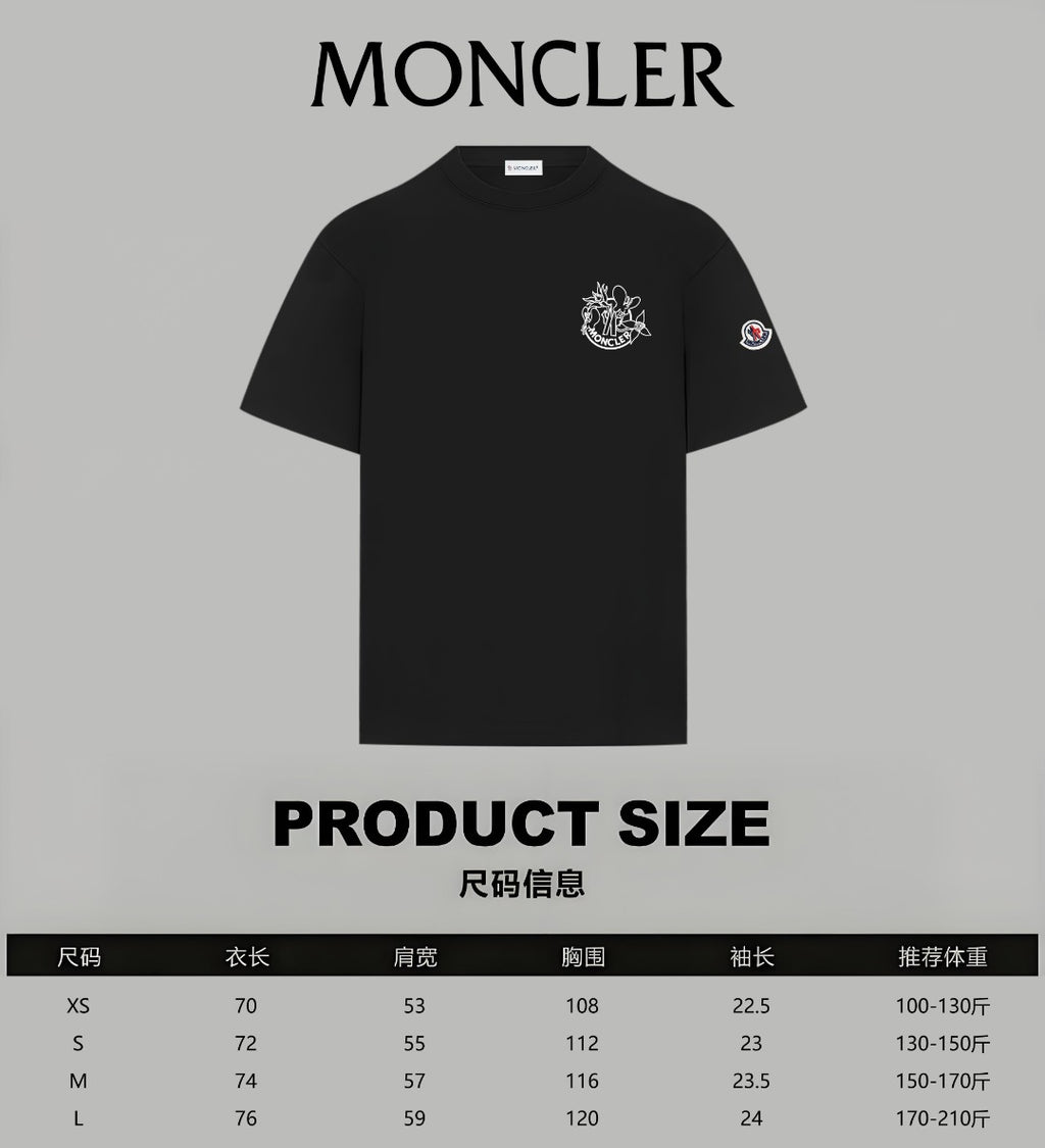 Black Moncler T-shirt front with crest logo and sleeve patch