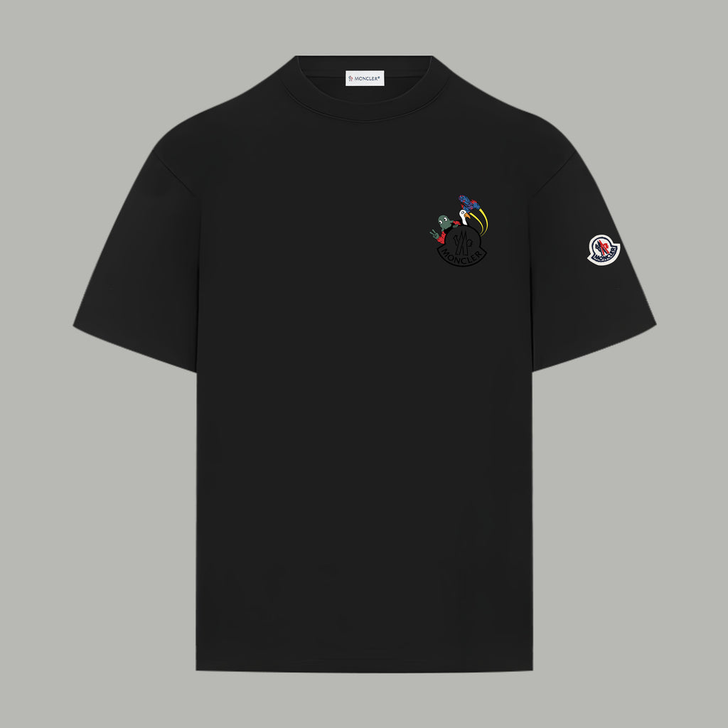 Black crewneck T-shirt with Moncler emblem and colorful chest graphic