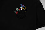 Black crewneck T-shirt with colorful Moncler chest crest graphic