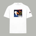 White Moncler crewneck T-shirt with colorful penguin graphic and small sleeve patch