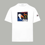 White Moncler crewneck T-shirt with colorful penguin graphic and small sleeve patch