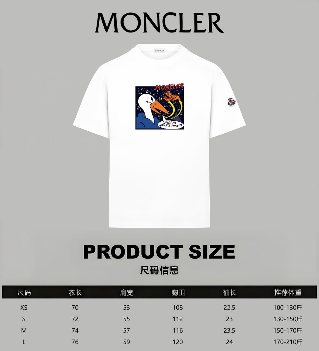 White Moncler crewneck T-shirt with penguin graphic and 'Moncler' logo