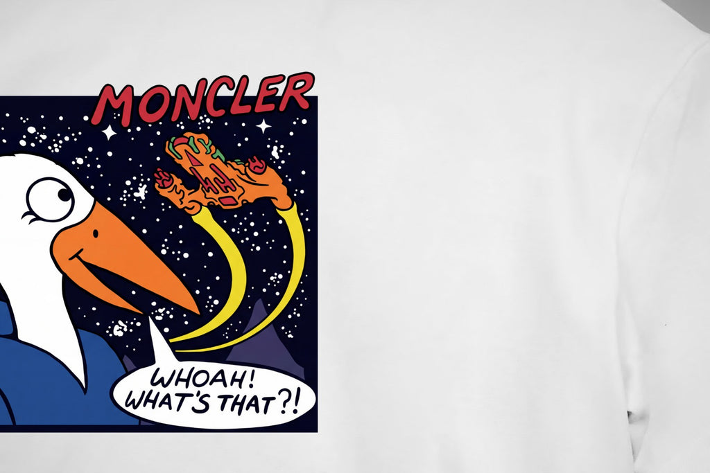 White Moncler crewneck T-shirt front graphic with 'Whoah! What's that?!' text